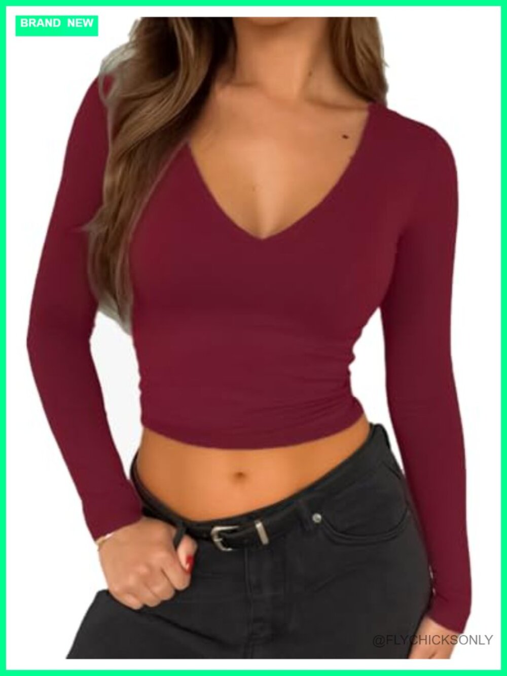 Long Sleeve Crop Top V Neck Double Lined Slim Fitted Basic Tee
